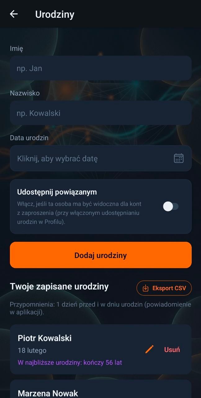 Zrzut: urodziny w aplikacji