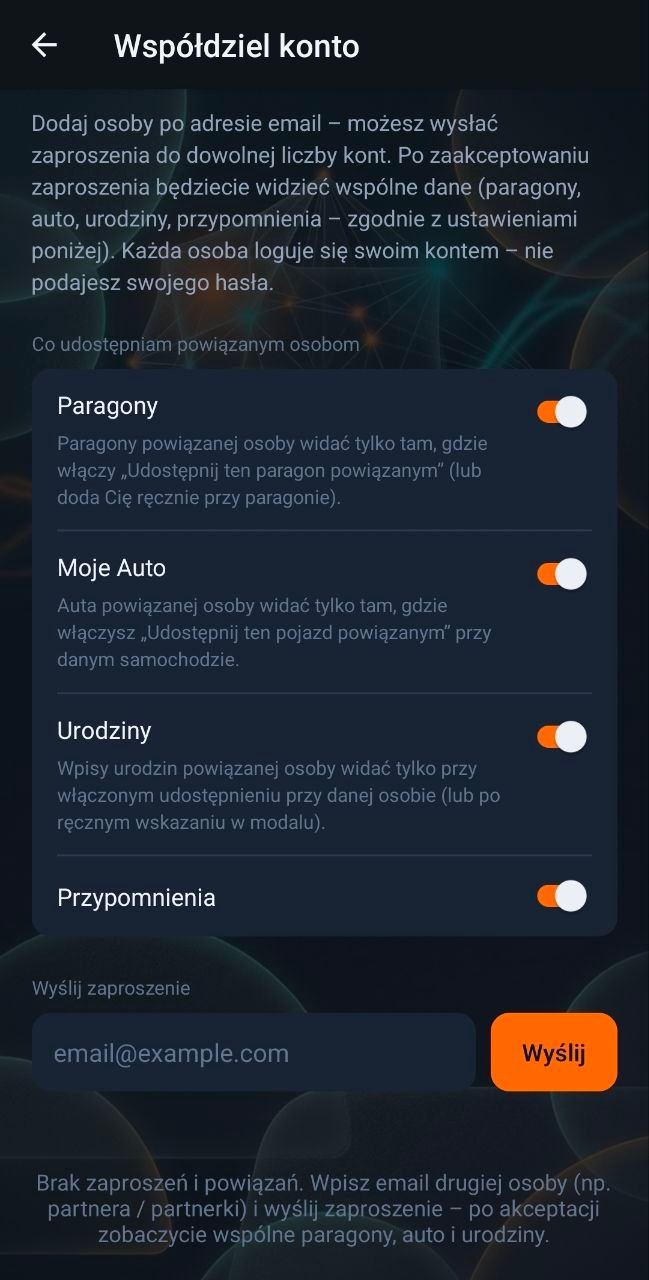 Zrzut: współdzielenie / domownicy w aplikacji