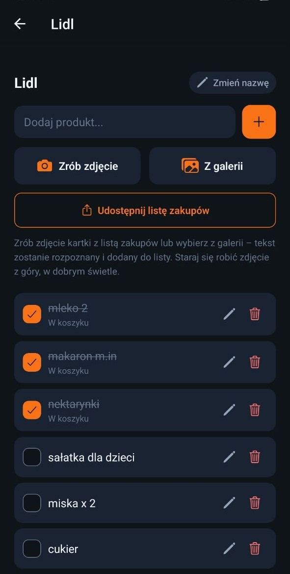 Zrzut: lista zakupów w aplikacji