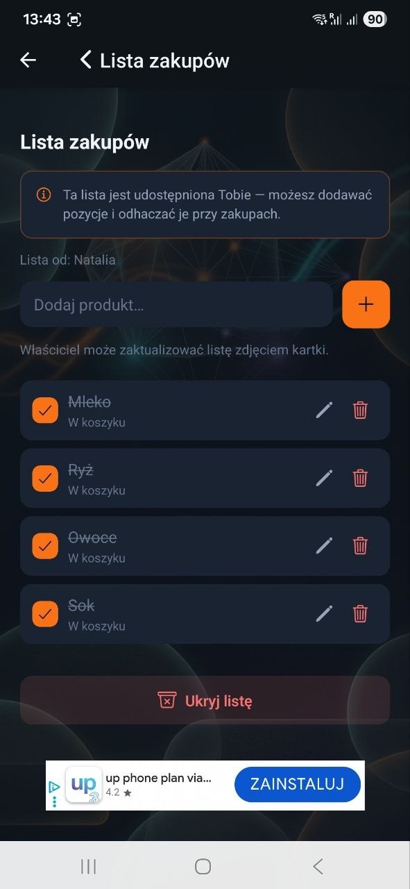 Kwitly — shared shopping list on another device